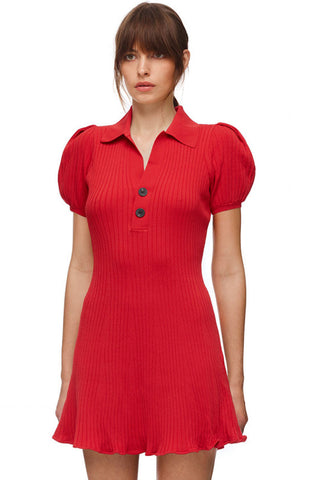 Mini-robe polo d'hiver côtelée à manches bouffantes tendance - Rouge