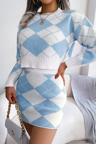 Robe courte en tricot argyle bicolore avec mini-jupe deux pièces - Bleu