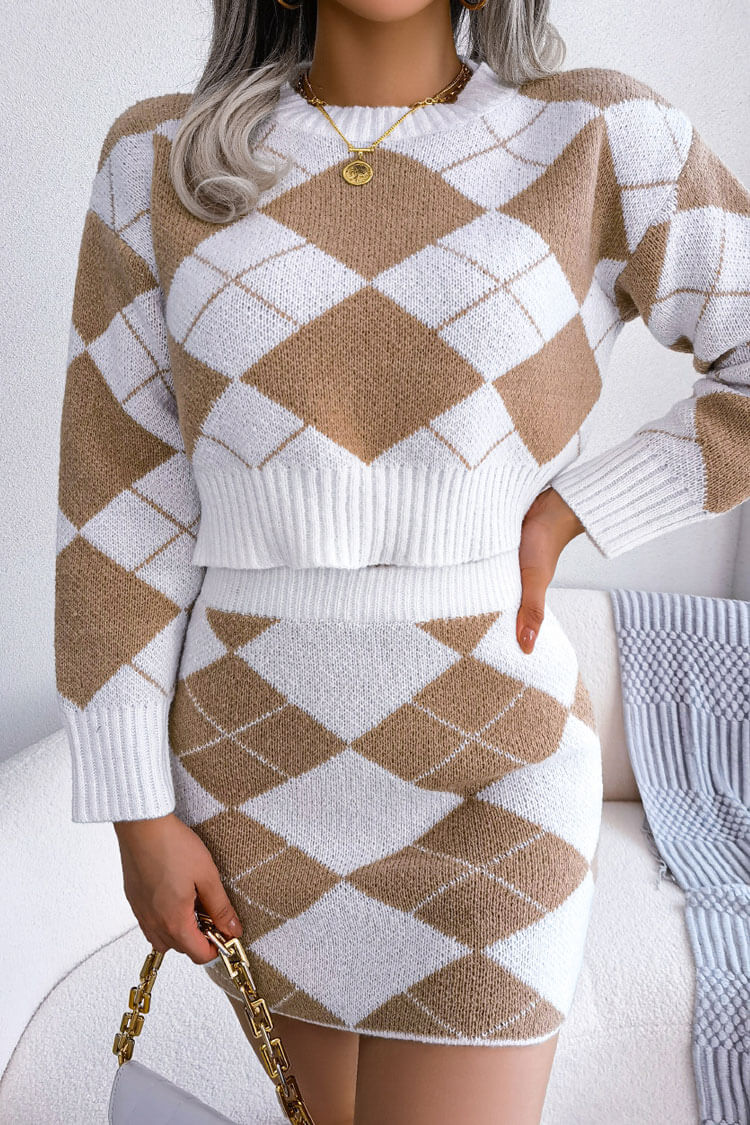 argyle sweater dress Button Up Long Sleeve High Neck, Amina Mini in Brown, Size XS, For Office Do not bleach Long Sleeve Sweater Dress -