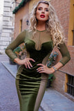 Vintage Fishtail Long Sleeve Velvet Mesh Panel Sheer Maxi Dress - Green