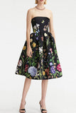 Vintage Floral Printed Fit Flare Strapless Beach Vacation Midi Dress - Black