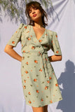 Vintage Floral Printed Puff Sleeve French Wrap Mini Dress - Sage Green