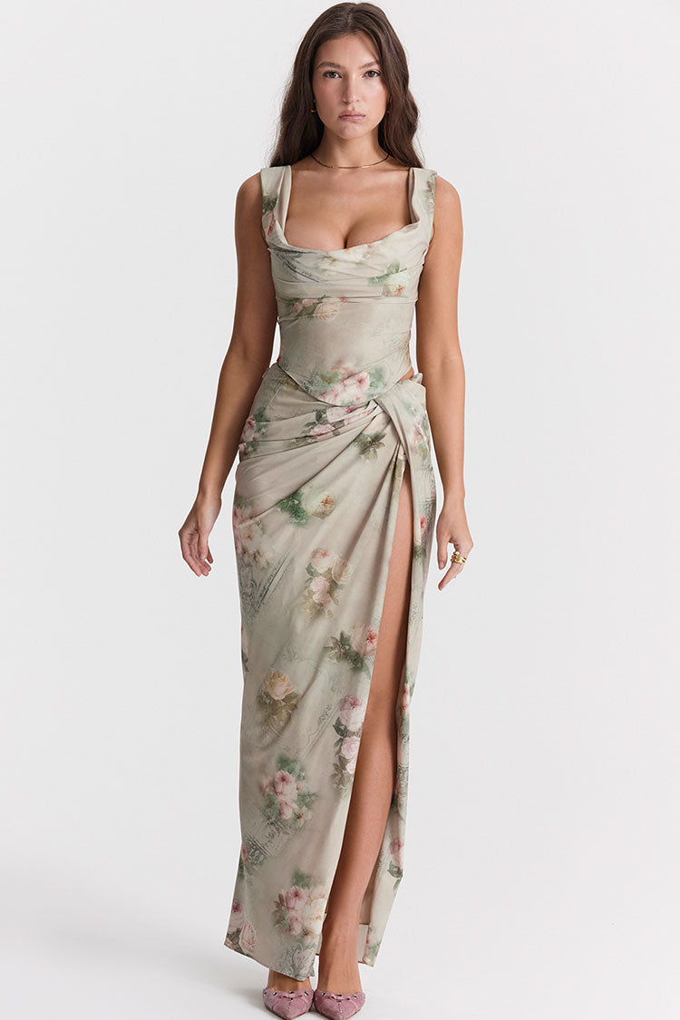 Vintage Printed Draped Corset Top Split Two Piece Maxi Dress - Floral Luis Shop Vintage Printed Draped Corset Top Split Two Piece Maxi Dress - Floral Luis Shop