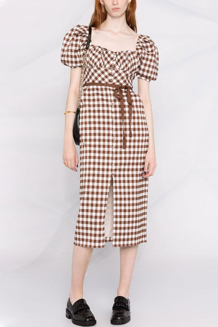 Vintage Puff Sleeve Square Neck Gingham Check Midi Dress - Brown