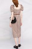 Vintage Puff Sleeve Square Neck Gingham Check Midi Dress - Brown